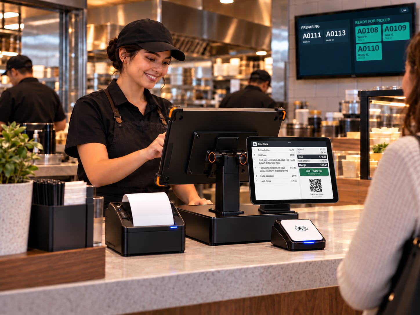 A restaurant counter running DineStack: a cashier takes an order on the register behind the counter while the customer faces a small display showing the itemized order, total, cash change, a paid confirmation and a receipt QR code, beside a receipt printer and card reader; a screen behind lists orders preparing and ready for pickup.