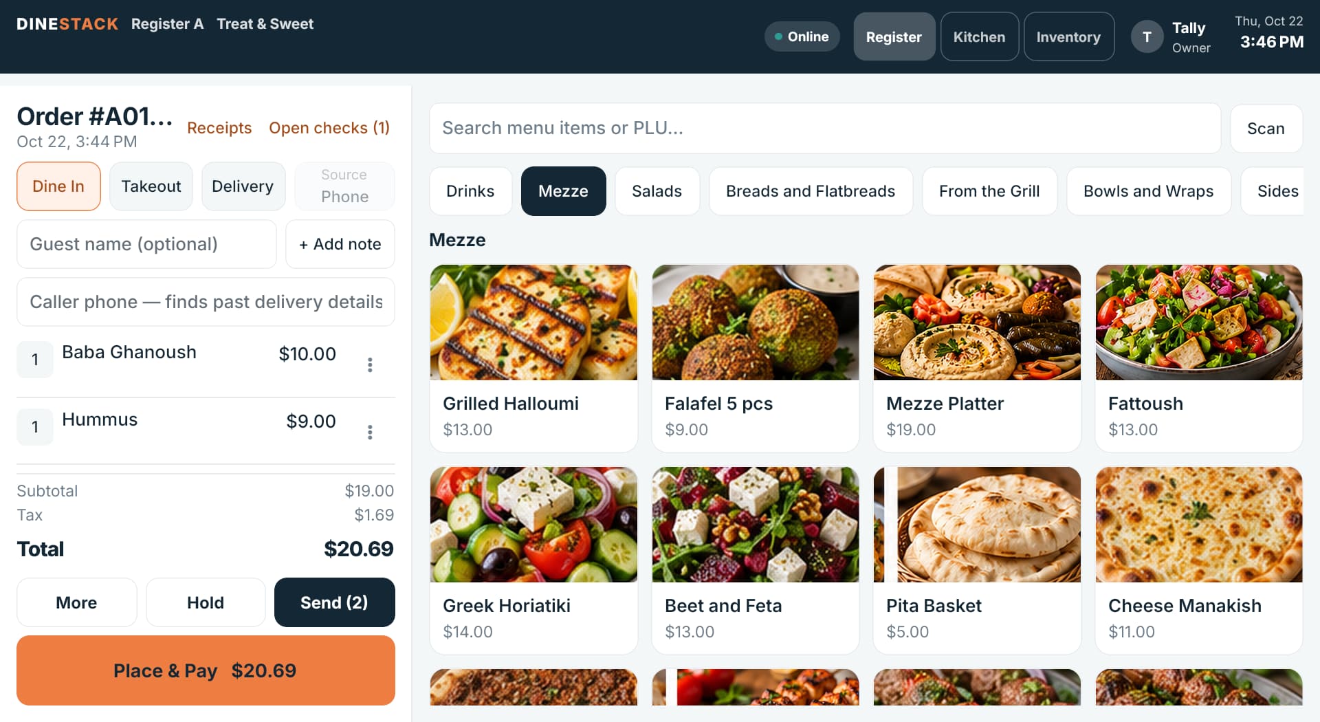 The DineStack register: an order with two items, subtotal, tax and total on the left, and menu items with photos by category on the right.