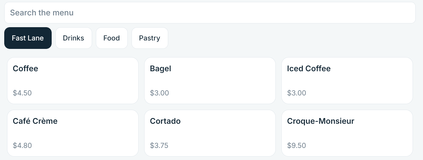 The DineStack register showing the Fast Lane tab beside Drinks, Food and Pastry, with menu items and their prices.