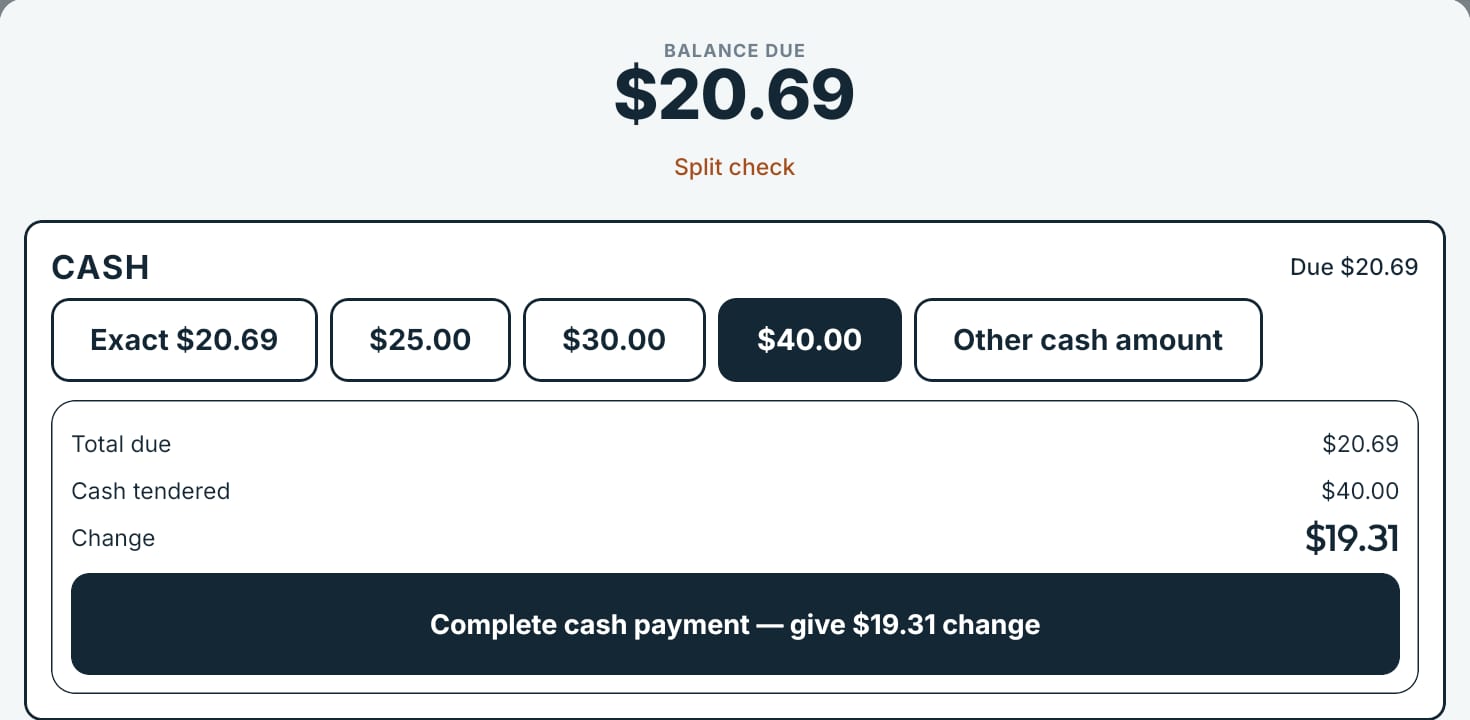 The DineStack payment screen: the balance due, one-tap cash buttons for the exact amount and common notes, the change worked out, and a button to complete the cash payment.